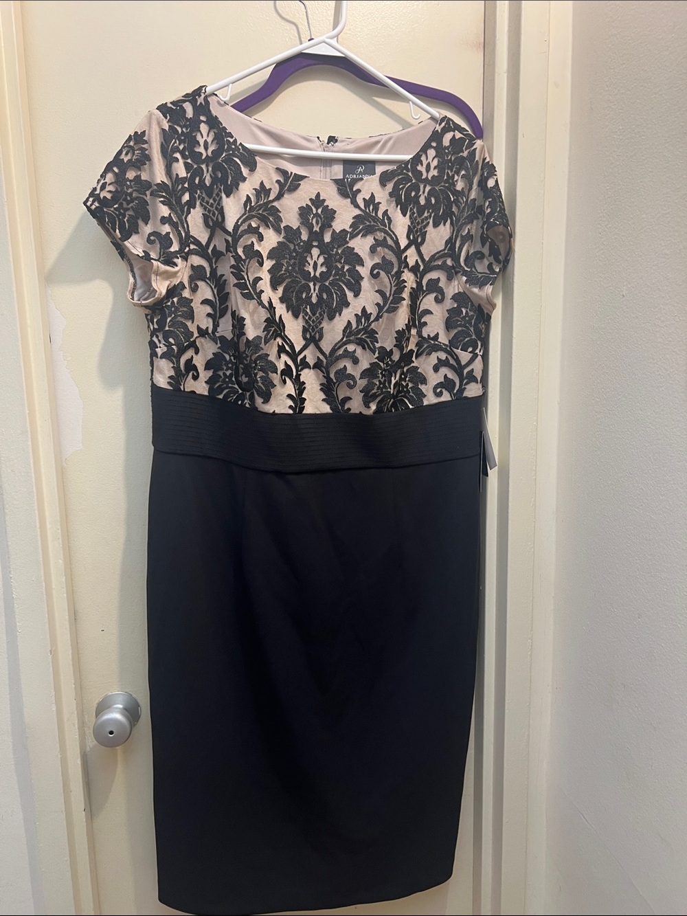 Adrianna Papell Black and Blush Lace-Top Sheath Dress
